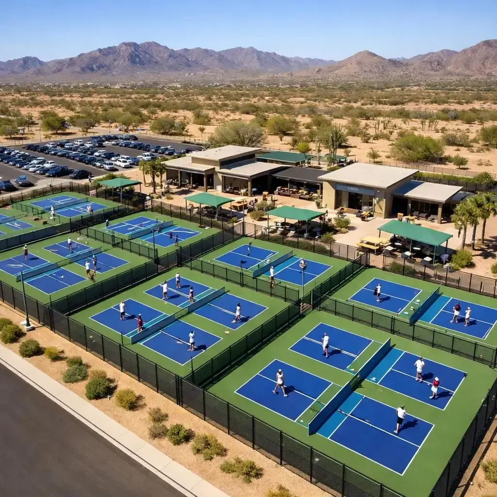 Pickleball courts with players, buildings, and a desert mountain backdrop.
