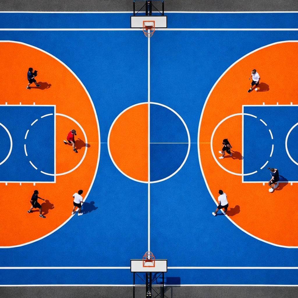 Basketball game in progress on blue and orange court; players are visible.