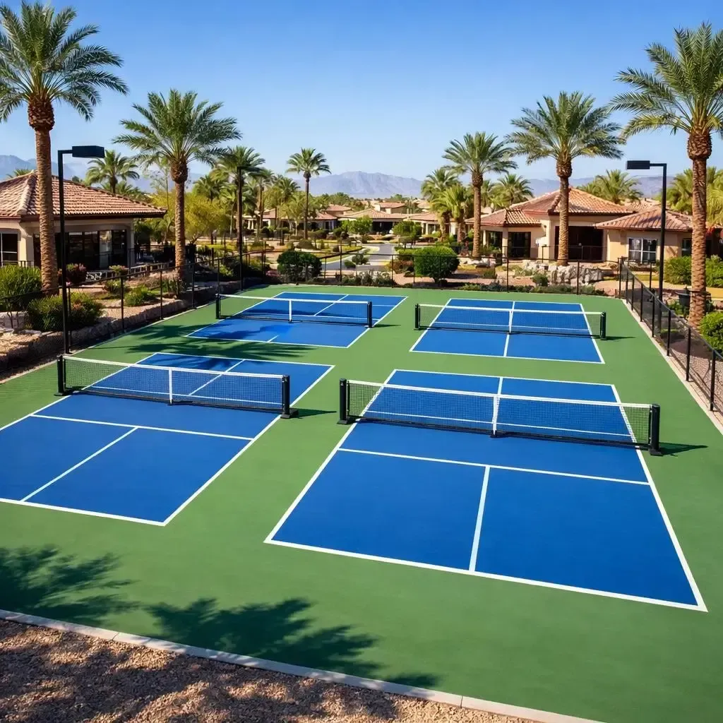 Pickleball courts in a sunny, desert setting, with palm trees and a view of mountains.