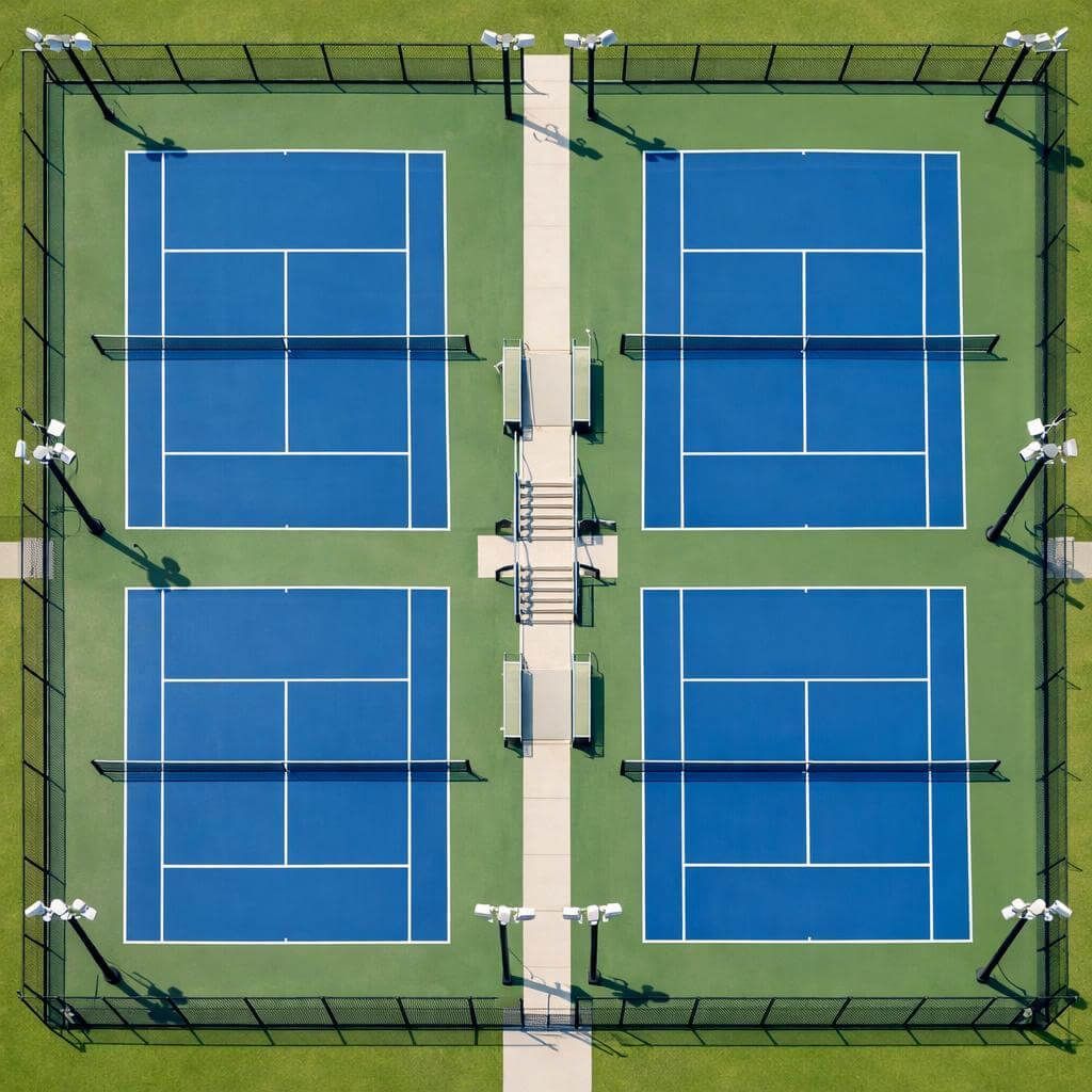 Aerial view of four blue tennis courts surrounded by a green grassy area, black fence, and lights.