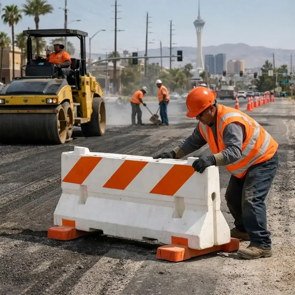 Road construction scene in Las Vegas. Workers in safety vests place barriers, operate roller, and shovel asphalt.