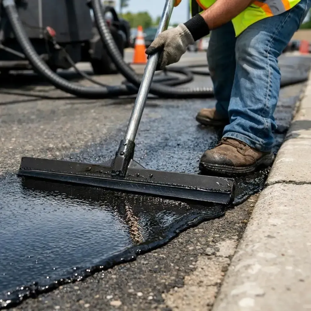 Road worker spreading fresh asphalt with a squeegee.