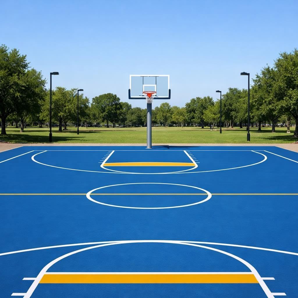 Blue outdoor basketball court with hoop, trees, and blue sky.