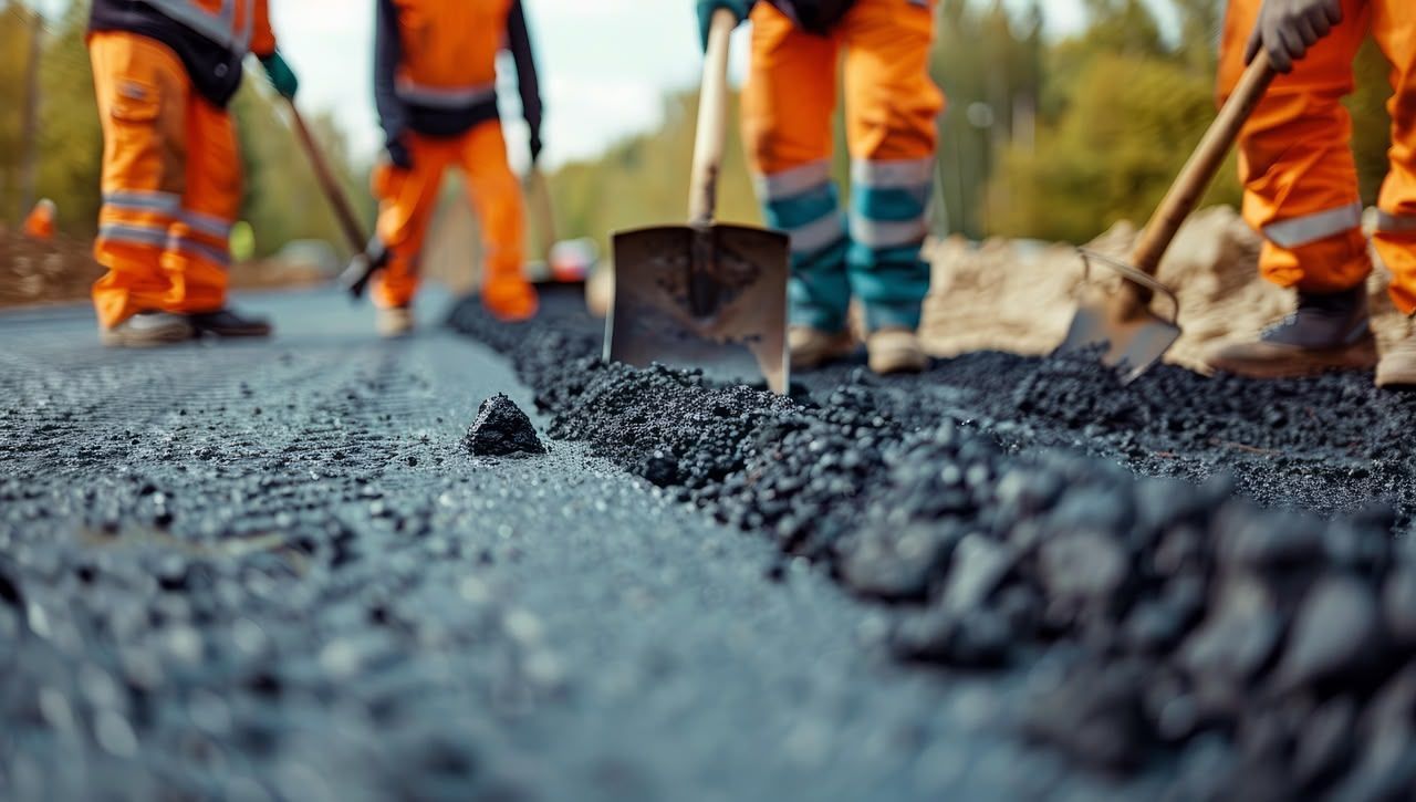 Road workers in orange vests and pants paving a road with asphalt, using shovels.
