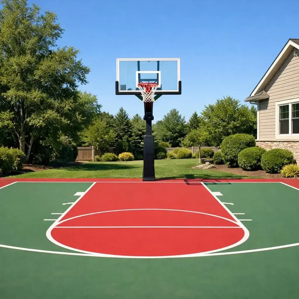Basketball court in a backyard with a hoop, red key, and green outer area. House and trees in the background.
