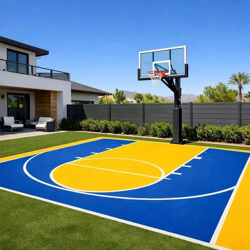 Backyard basketball court with blue and yellow paint, hoop, and a modern house in the background.