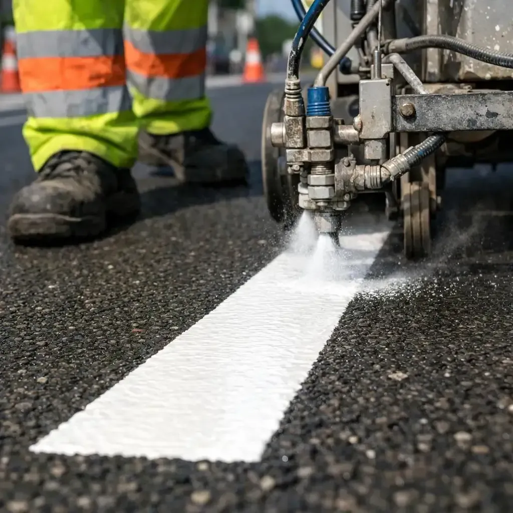 Road worker using a machine to paint a white line on asphalt.