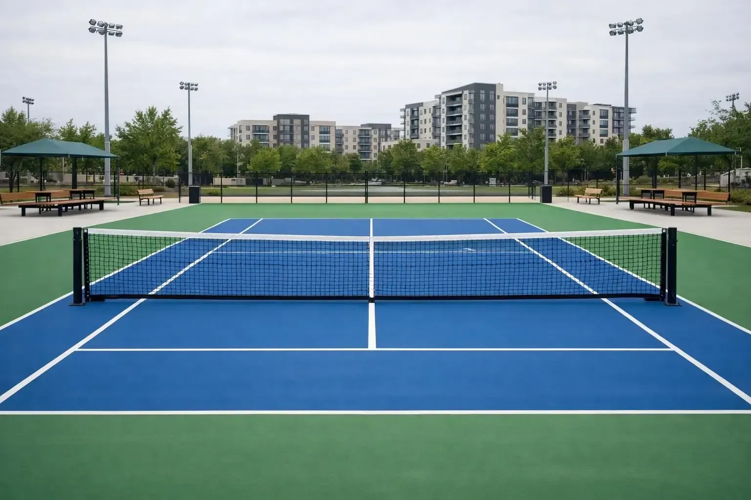 Blue and green tennis court with net, surrounded by a paved area, trees, picnic tables, and apartment buildings in the background.