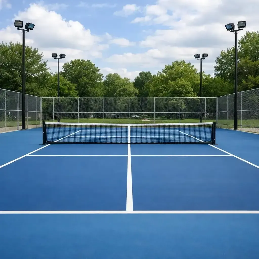 Blue tennis court with white lines and net, surrounded by fencing, floodlights, and trees under a blue sky.
