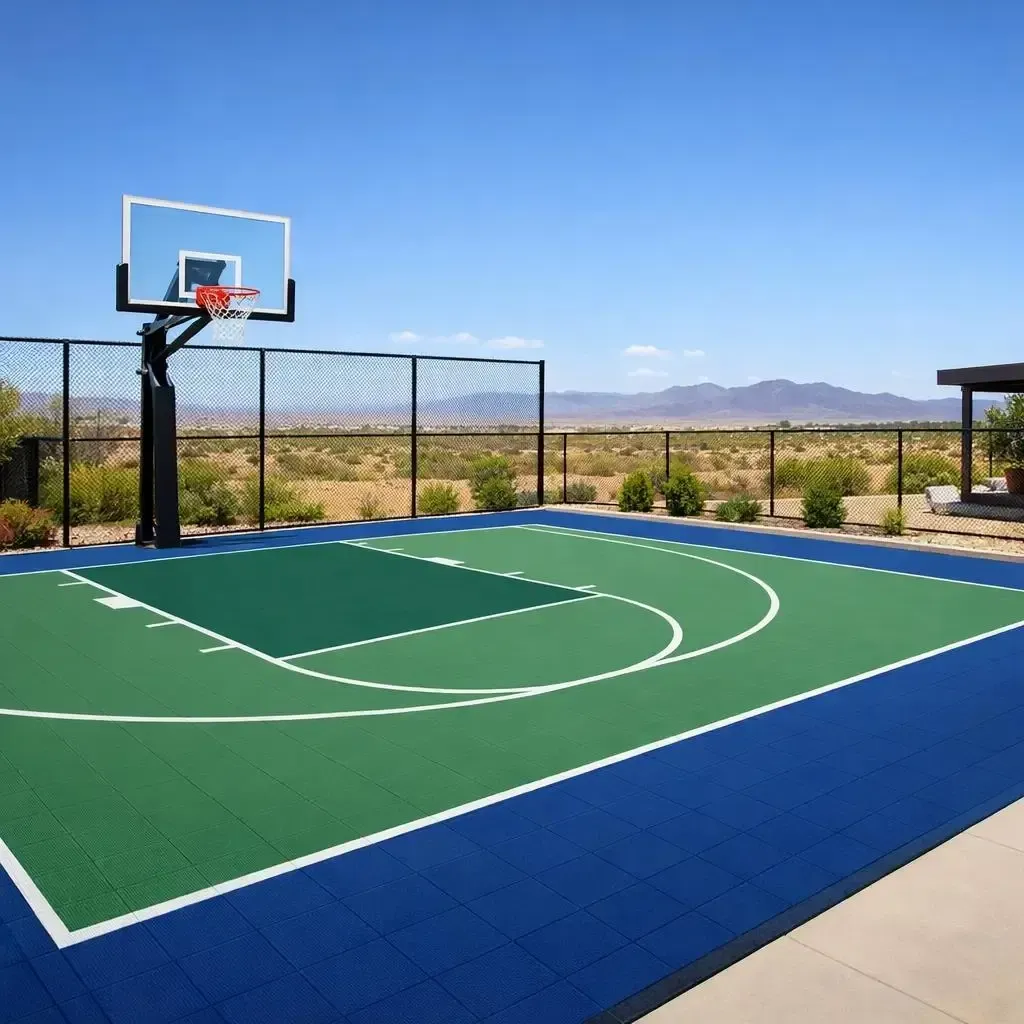 Basketball court with blue, green, and white playing surface, black hoop, and fence against a desert landscape.