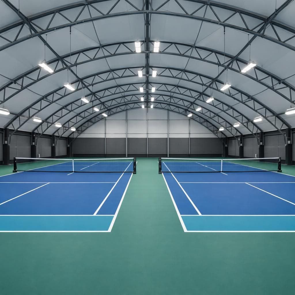 Indoor tennis court with two blue courts, white lines, under a metal-framed roof.