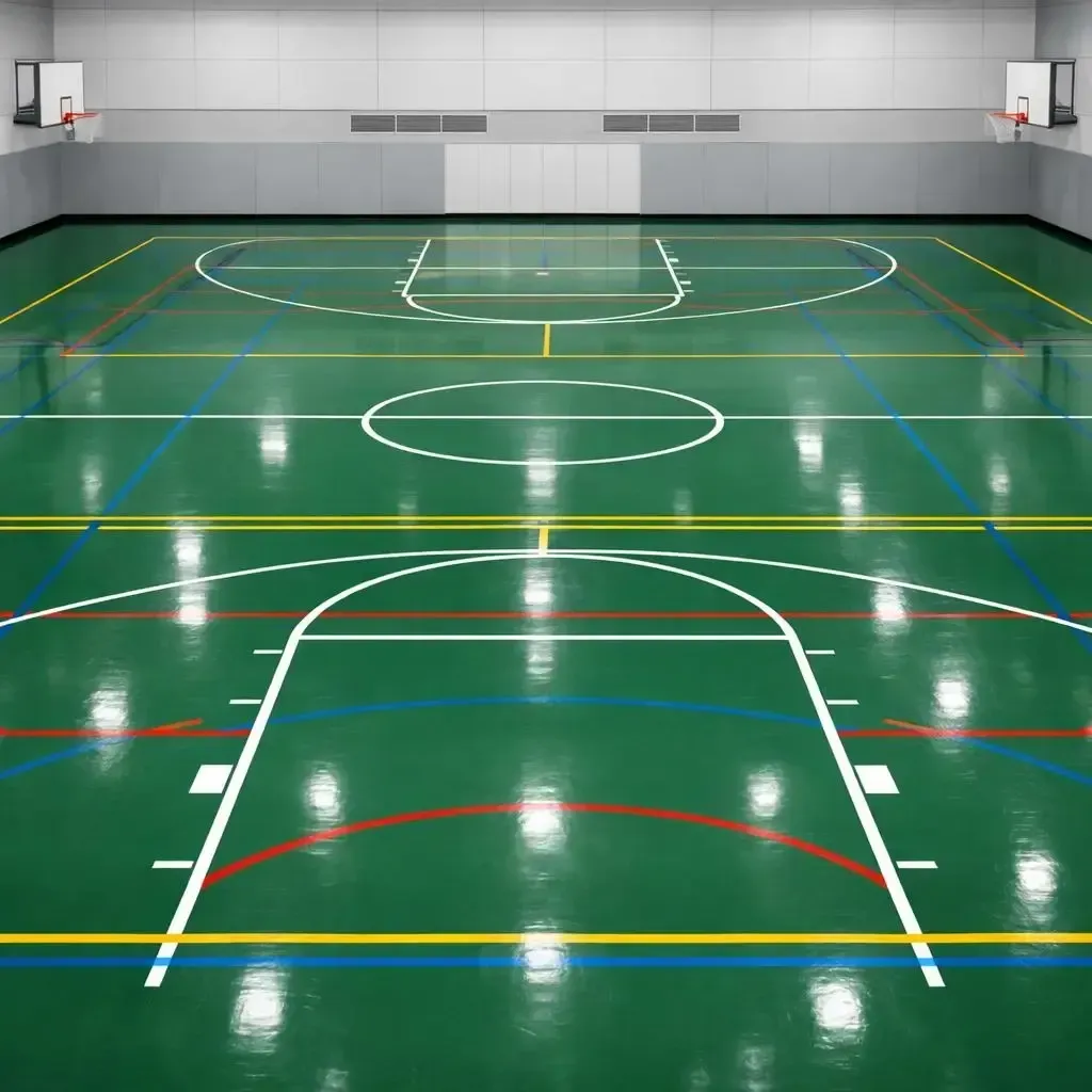 Green basketball court with multiple lines, two hoops, and neutral-colored walls.