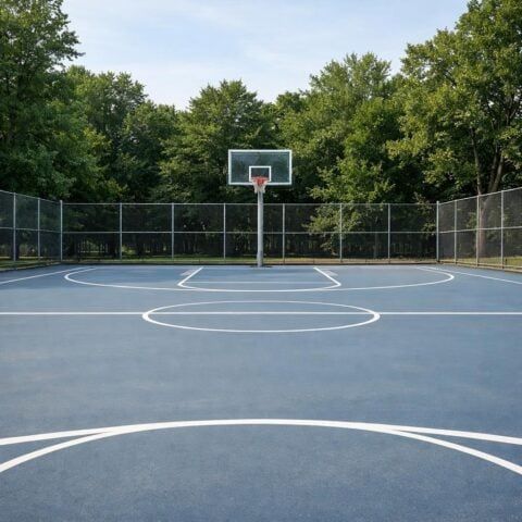 Blue basketball court with hoop, fence, and trees under a clear sky.