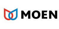 MOEN logo with red and blue faucet icon and black text on white background