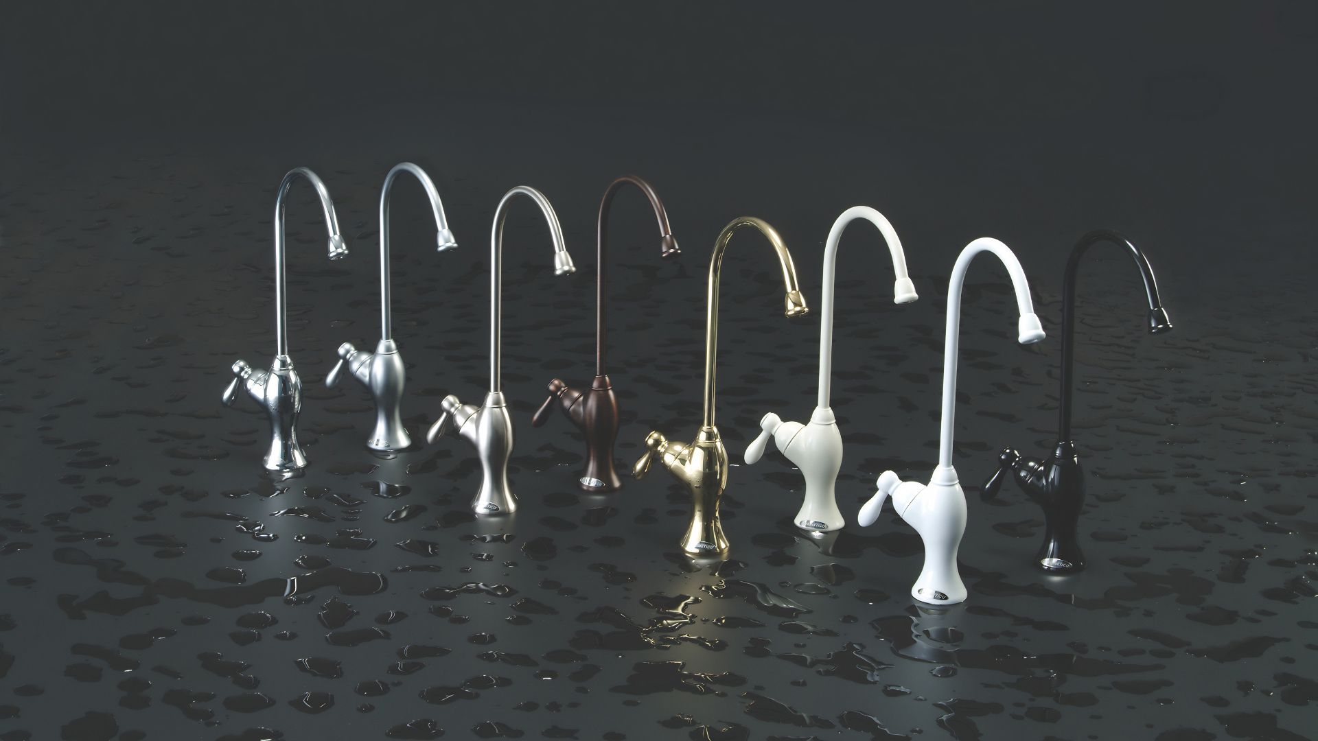 Row of curved bird-like sculptures in metallic and white tones on a reflective dark surface.