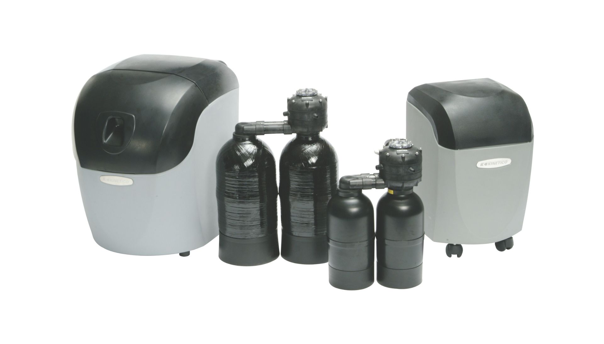 Two gray and black portable generators with four black gas cylinders on a white background.