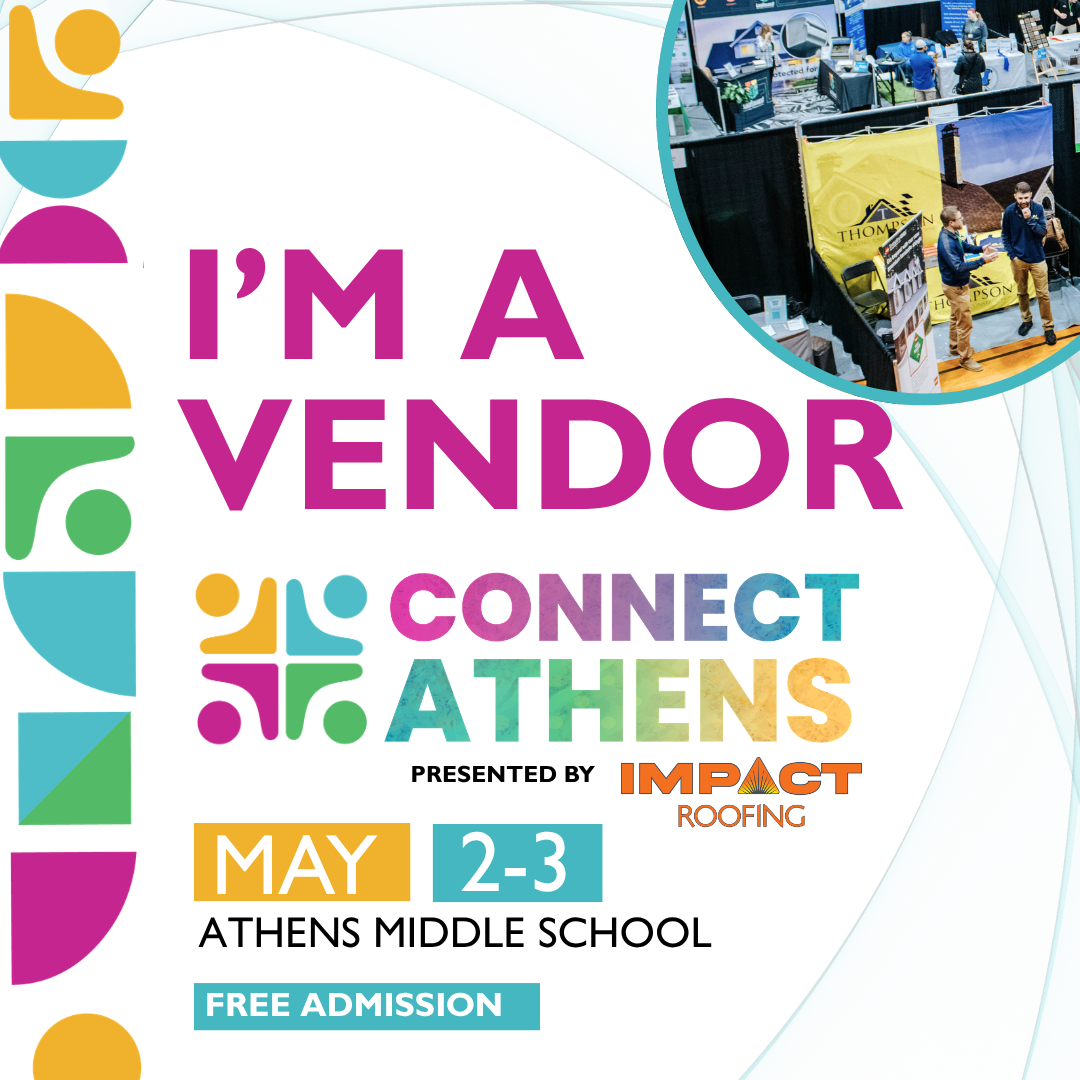 Vendor fair poster for Connect Athens, May 2-3 at Athens Middle School, with IMPACT Roofing logo and colorful graphics