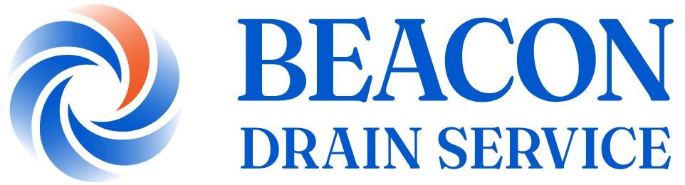 The logo for beacon drain service has a blue and red swirl on it.