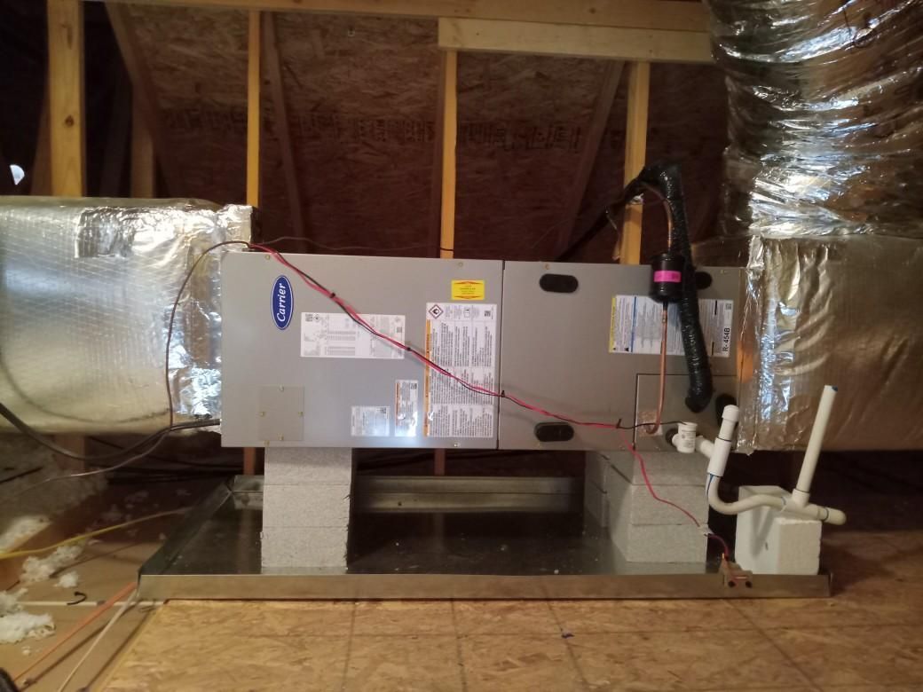 HVAC unit with ductwork in an attic, set on a wooden platform.