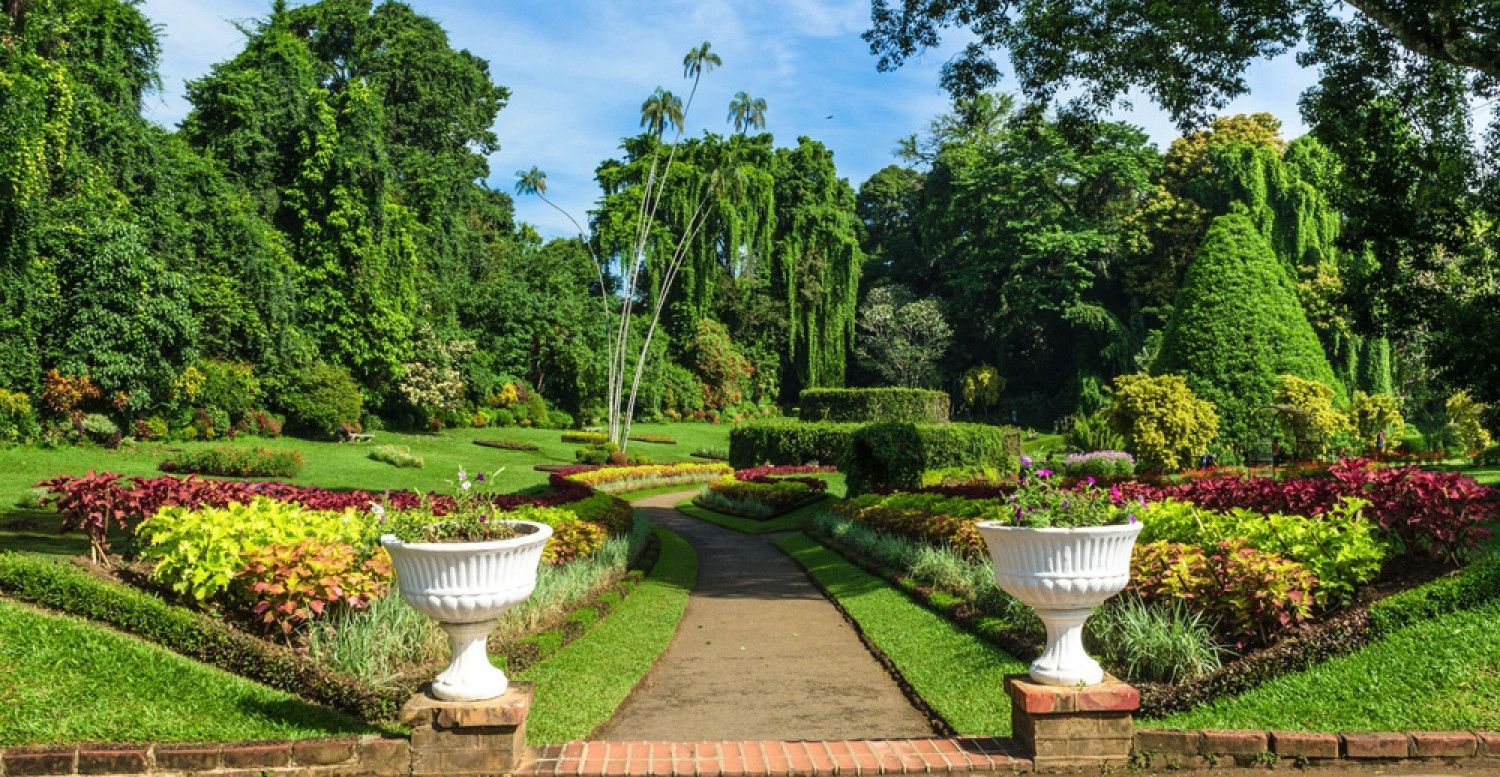 Lush formal garden with colorful flowerbeds, stone path, and white urn planters under bright sunlight