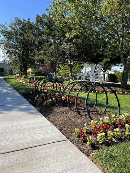Sidewalk beside landscaped garden with curved bike racks, flowers, and trees on a sunny day