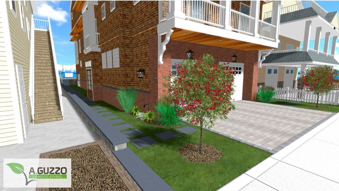 Modern townhouse courtyard with walkway, brick building, small trees, and a garden bed in bright daylight