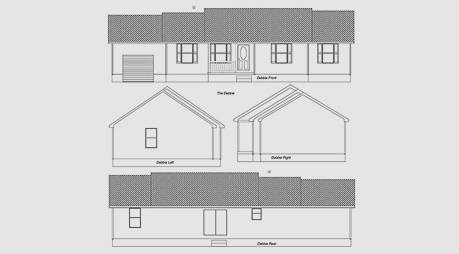 A black and white drawing of a house with a garage