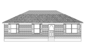 A row of white houses with red shutters on the windows