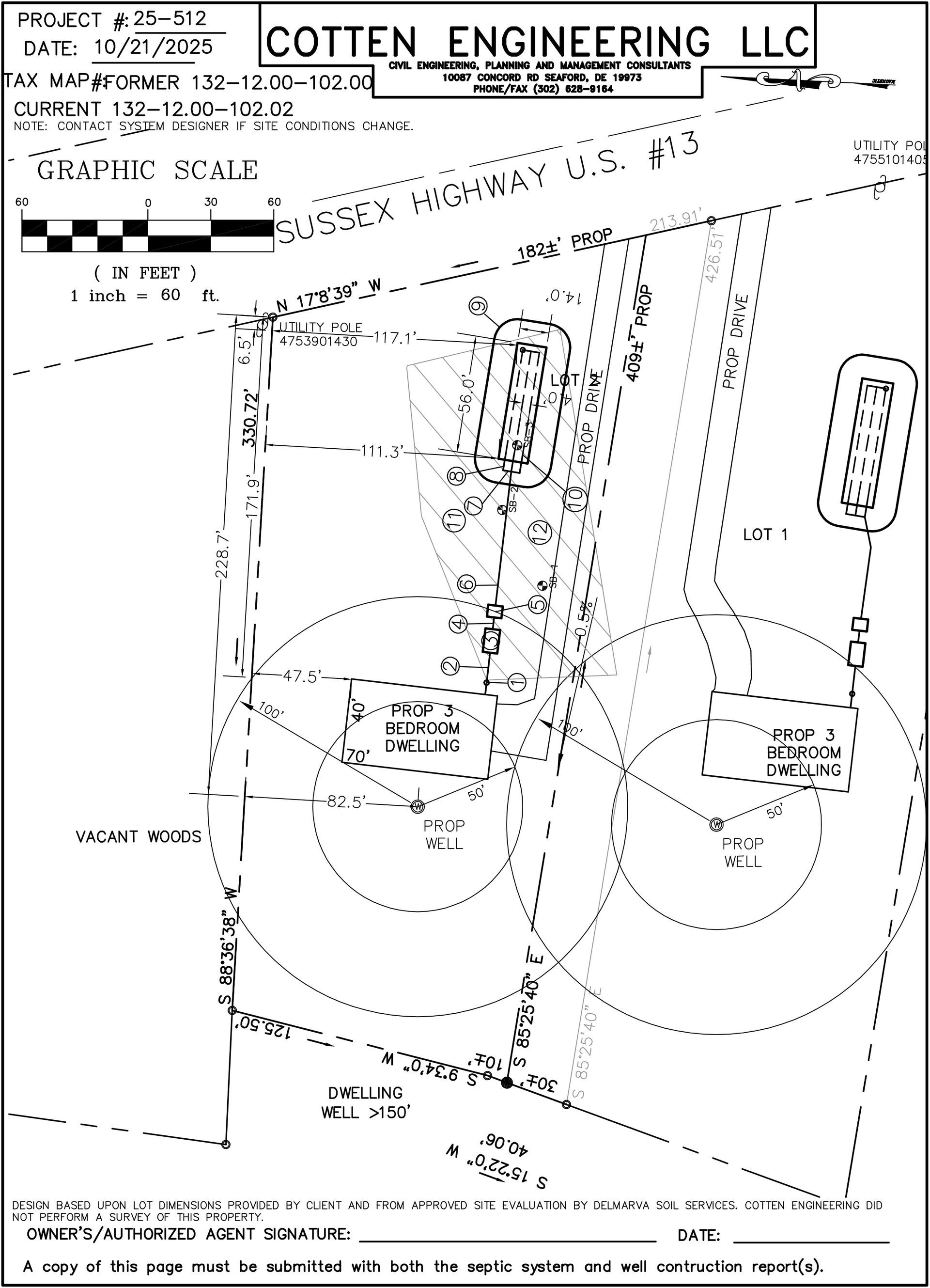 Engineering site plan for a sewage system showing trench locations, drainage areas, and property boundaries.