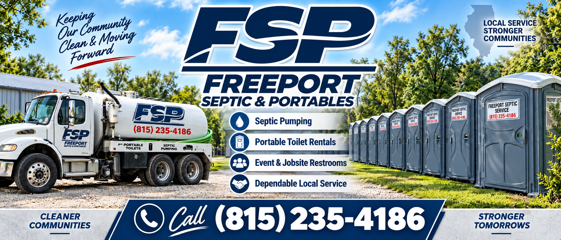 FSP Freeport Septic & Portables ad with truck
