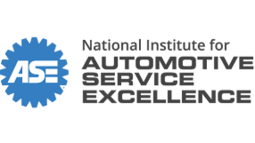 ASE logo with blue gear, letters 