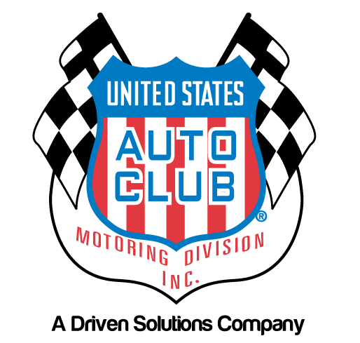 Logo for United States Auto Club, shield with checkered flags and text.