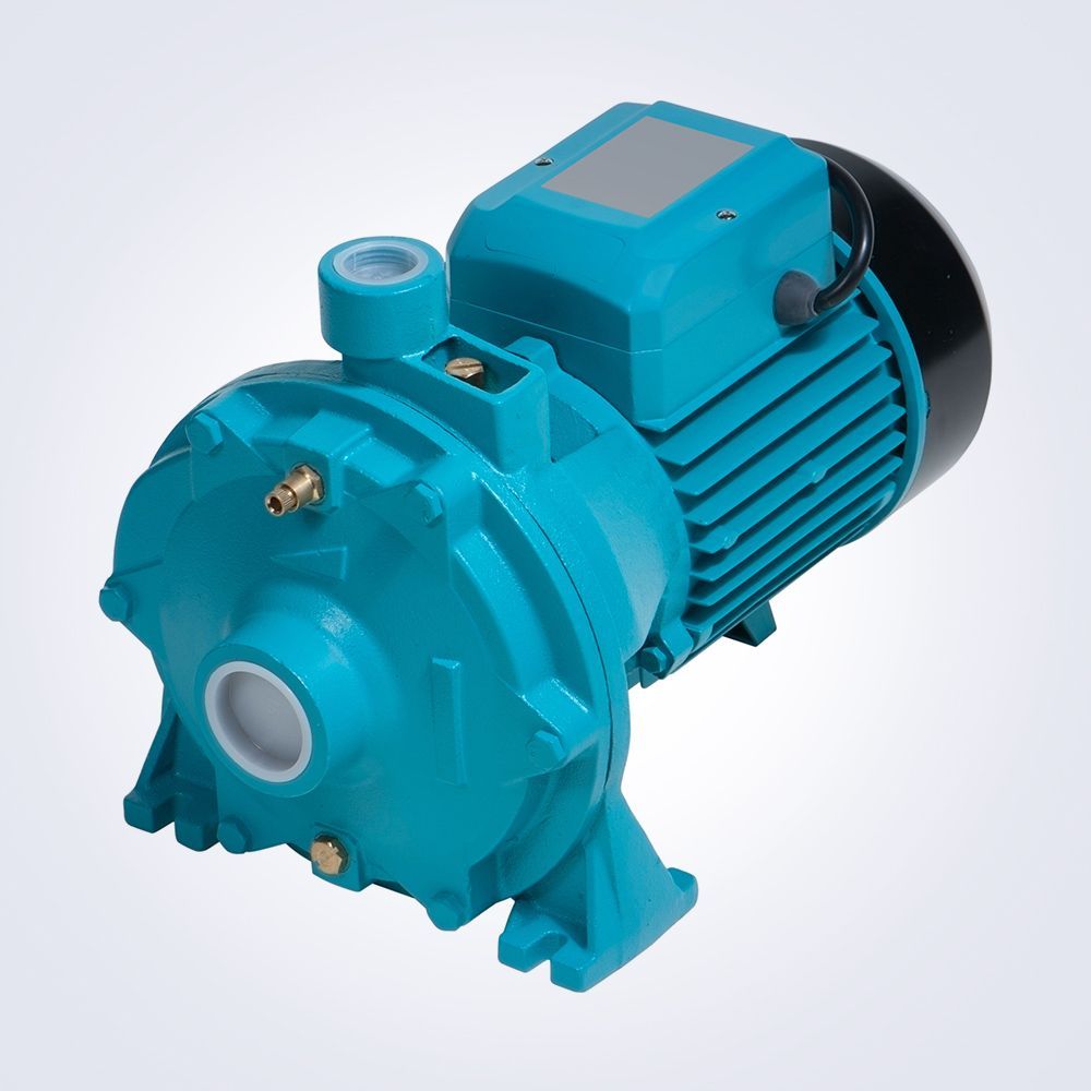 A blue water pump with a motor attached to it