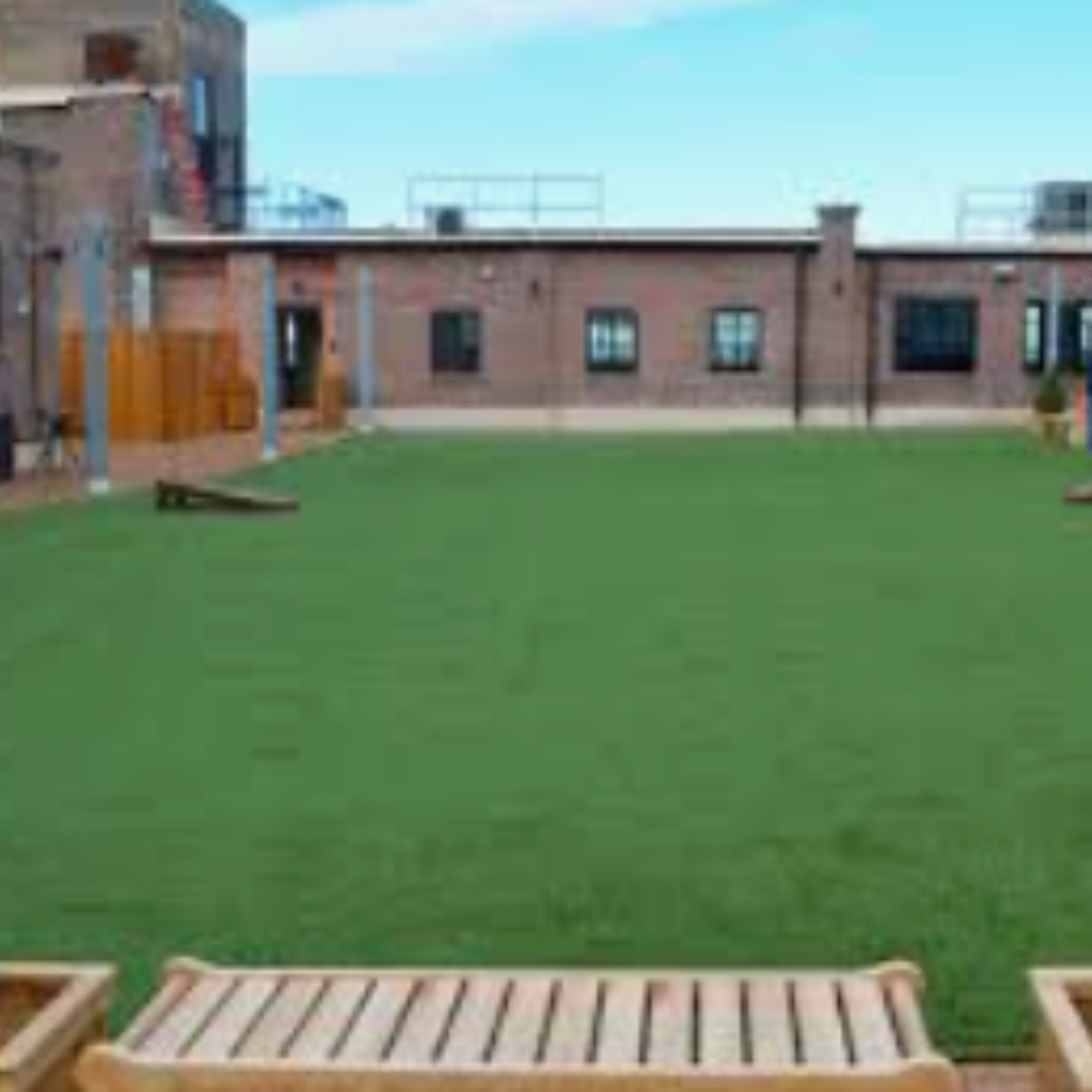A large lawn with a wooden bench in the middle of it.