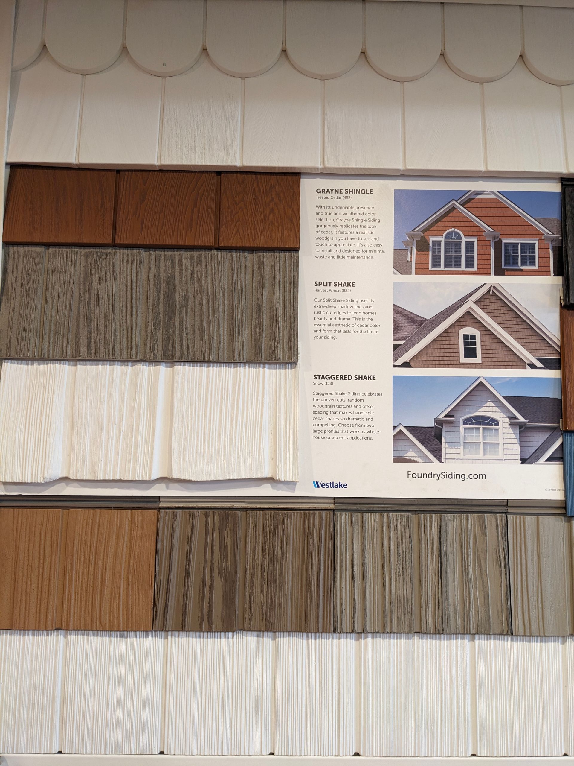 Samples of wood siding in various colors, with architectural rendering examples and product information displayed.