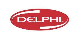 The Delphi logo in white letters inside a red oval. The word 