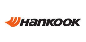 Hankook tire logo, black text with orange wave design.