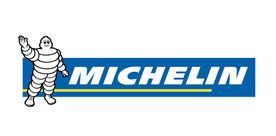 Michelin Man waving, standing next to a blue rectangle with 