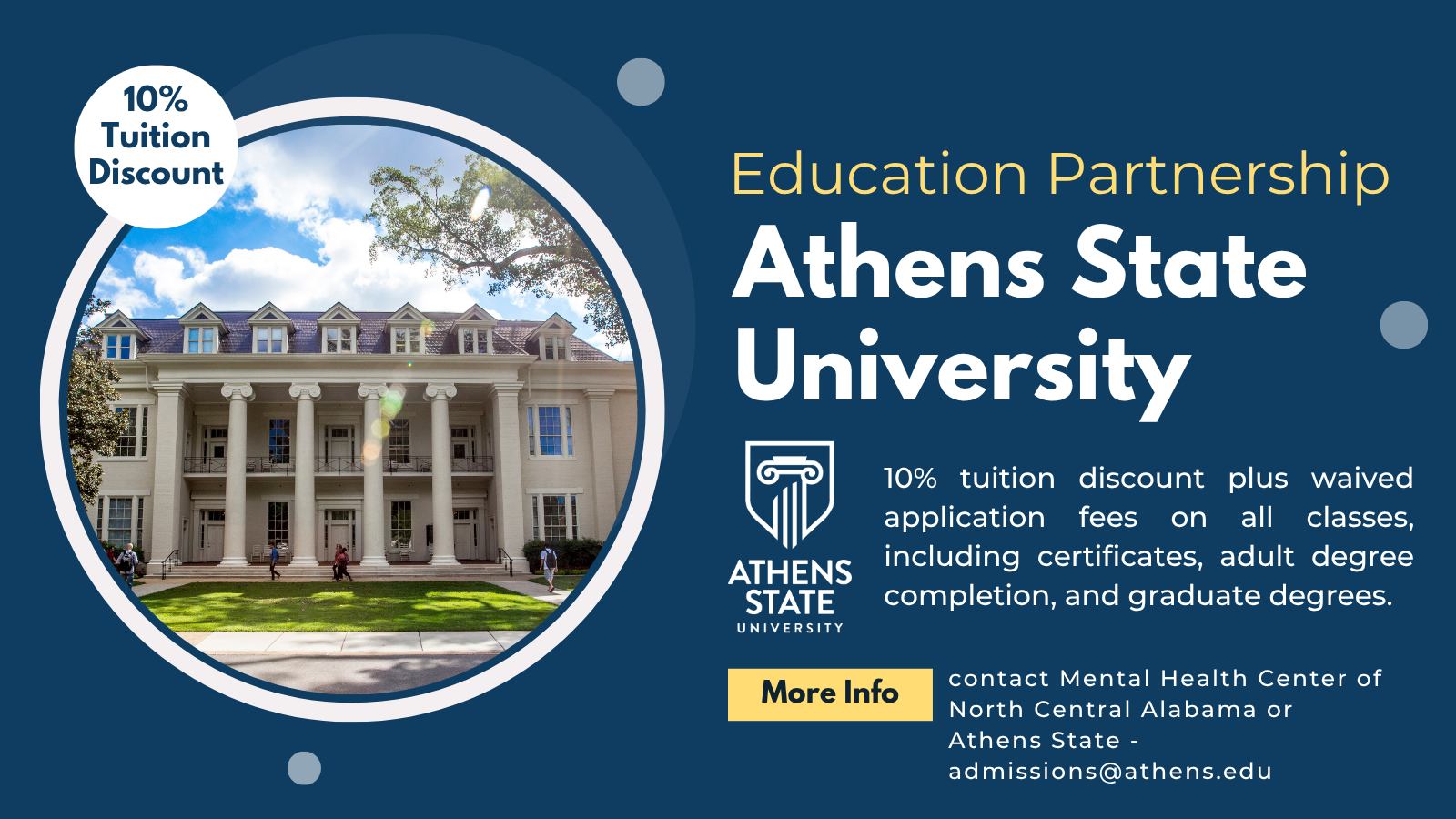 Advertisement for Athens State University, offering a 10% tuition discount and waived application fees. Features a campus building photo.