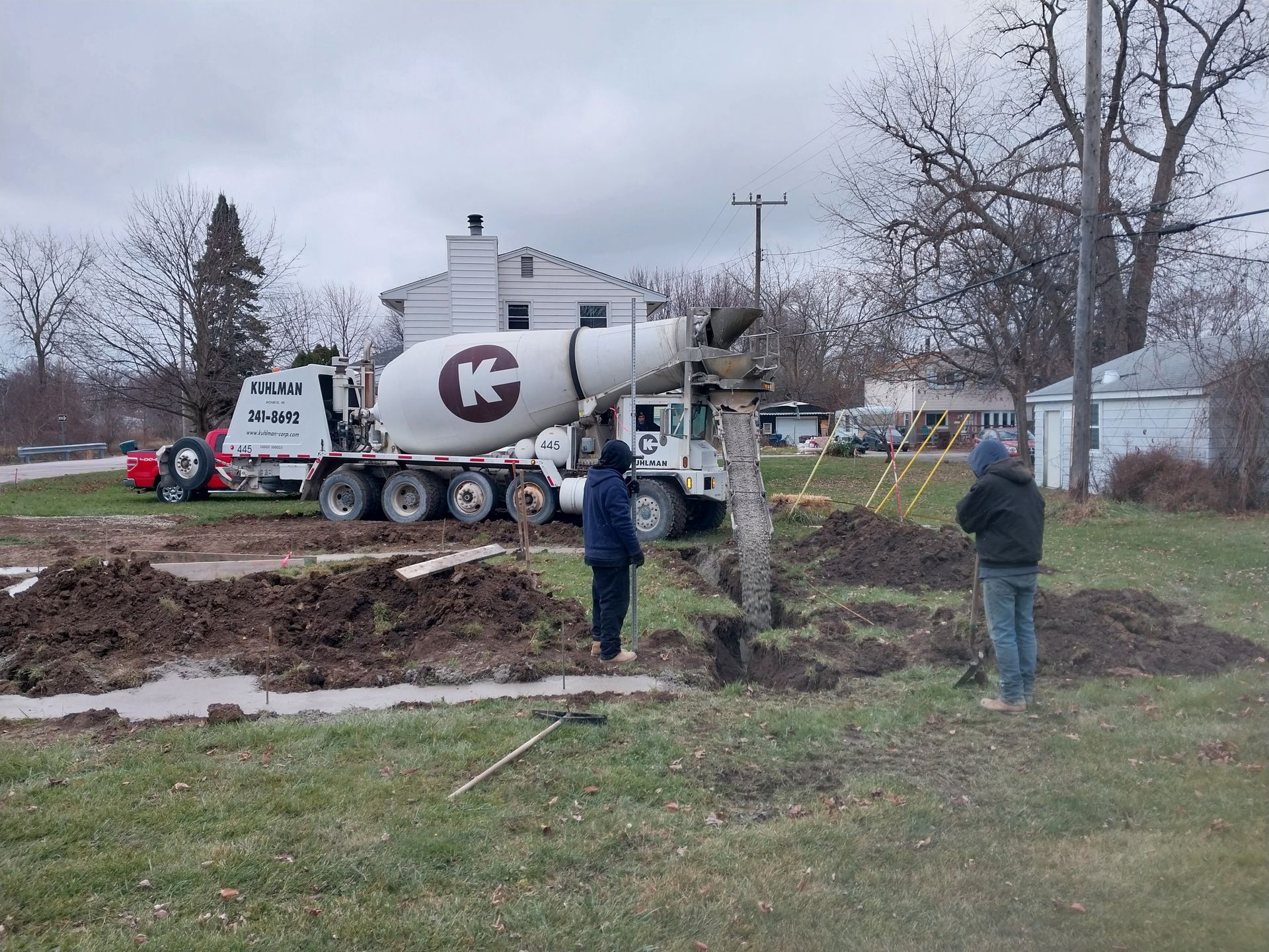 A concrete mixer truck