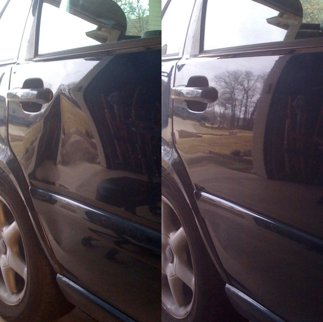 Before and after photos of a black car door: dented, then repaired.
