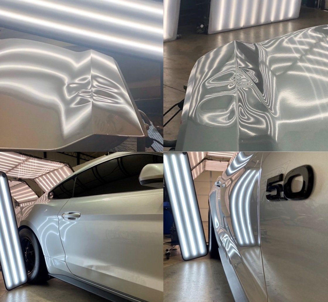 Four photos of a silver Ford Mustang with dents. Reflective lights highlight the damage.