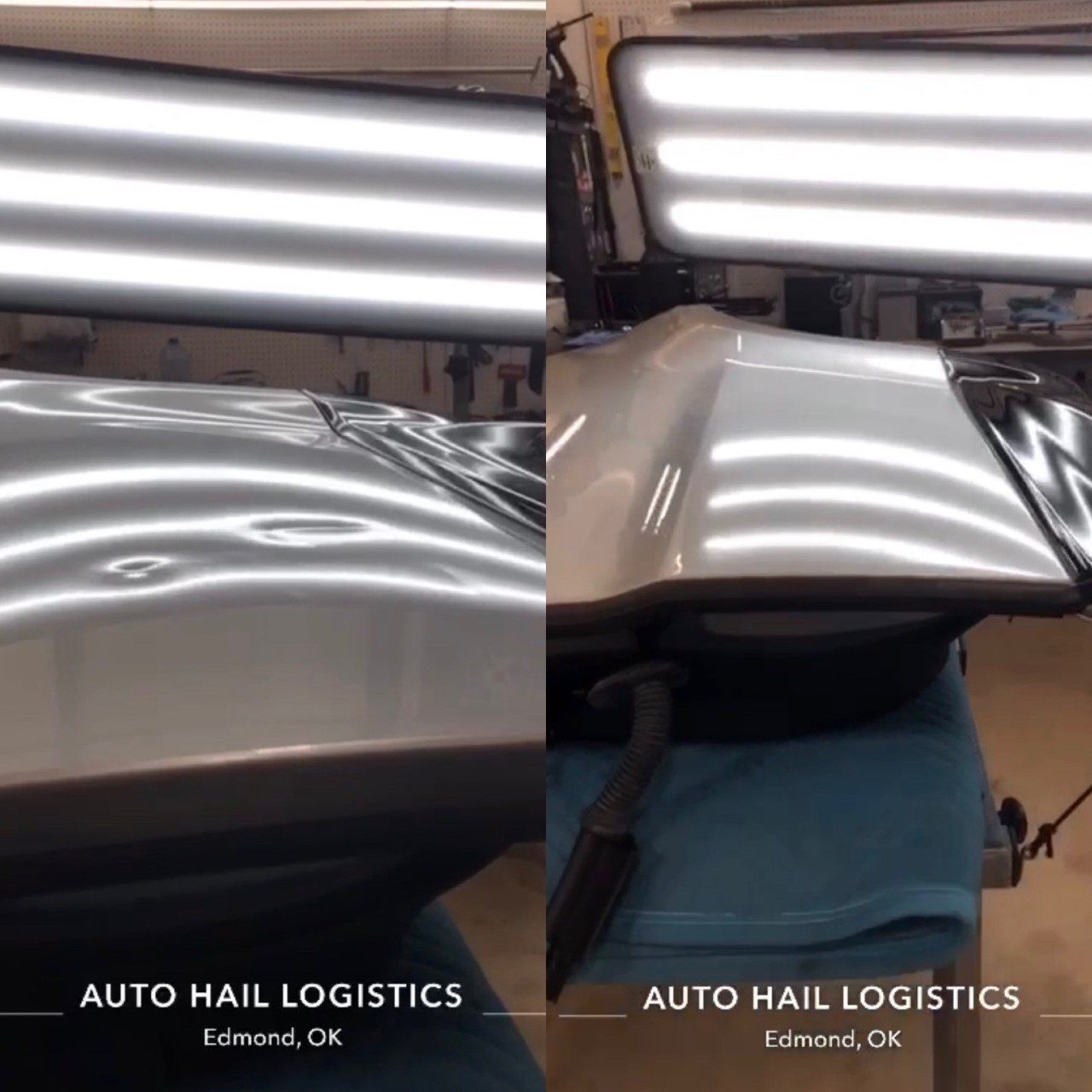 Before and after of a car's dented panel being repaired, illuminated by bright lights in Edmond, OK.