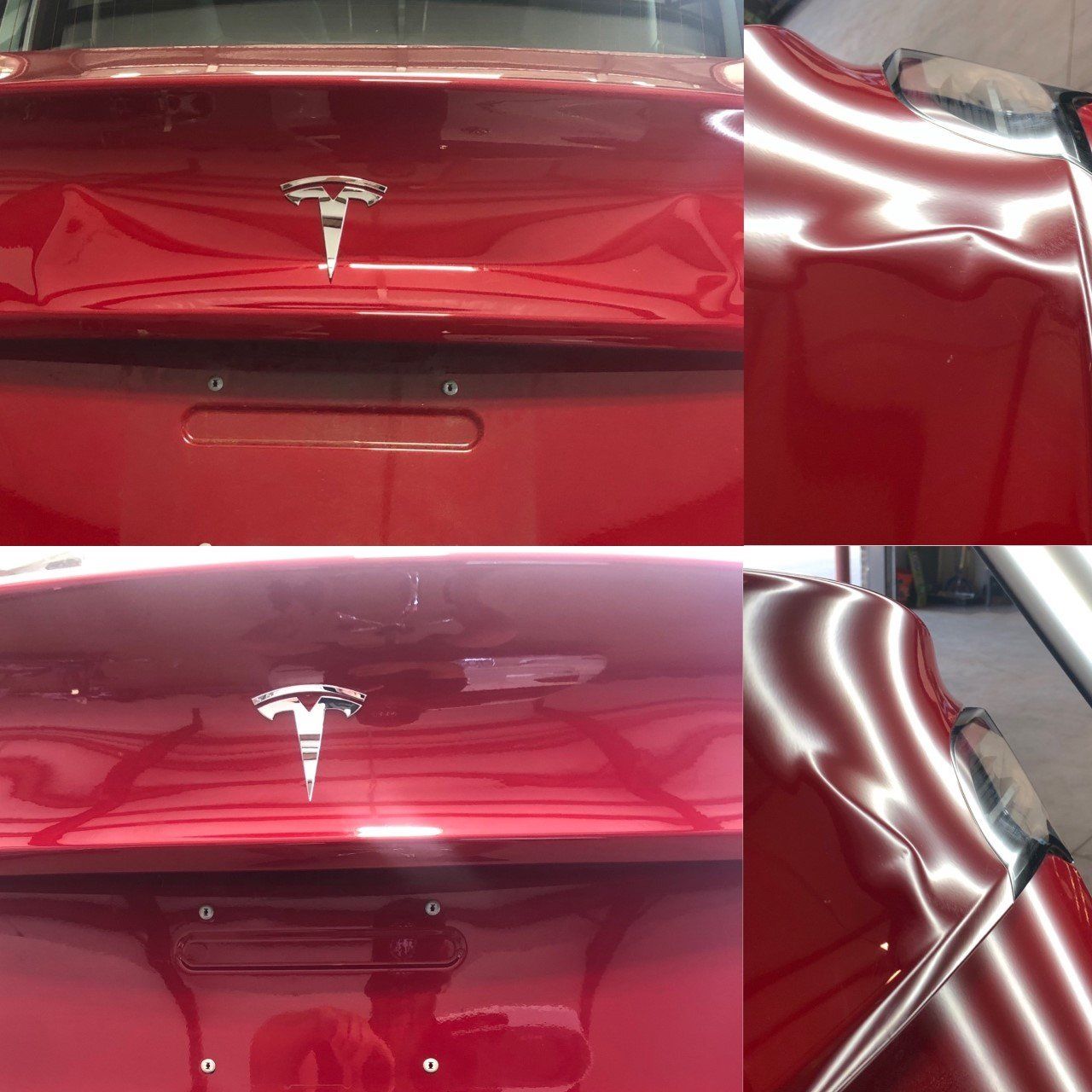 A red Tesla Model 3 with body damage, dented trunk and side panel, before and after repair.