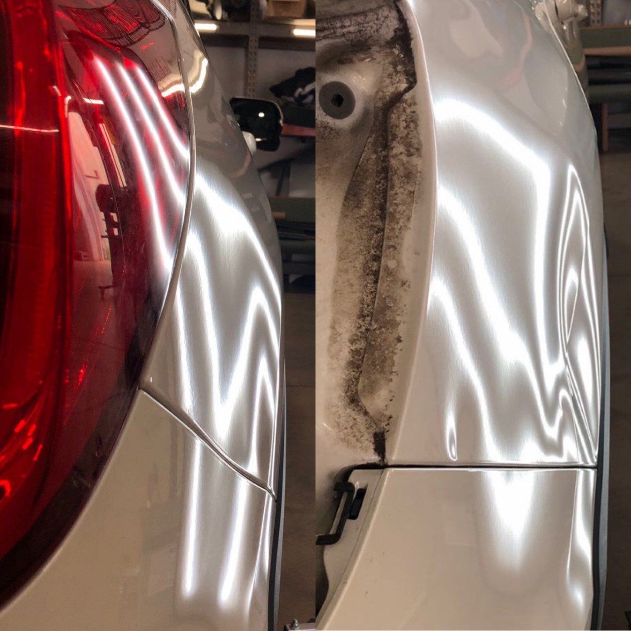 Car panel dent repair before and after, showing white car with tail light and door.
