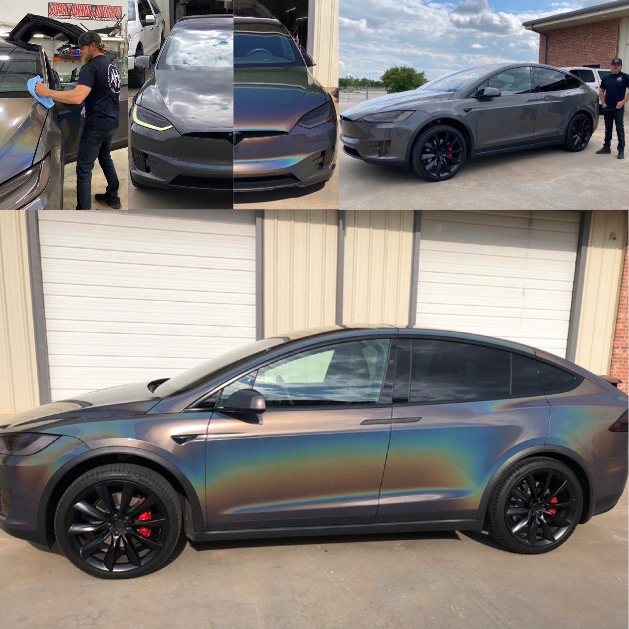 Tesla Model X with color-shifting wrap, black wheels, red calipers. Two men working on it outside a garage.