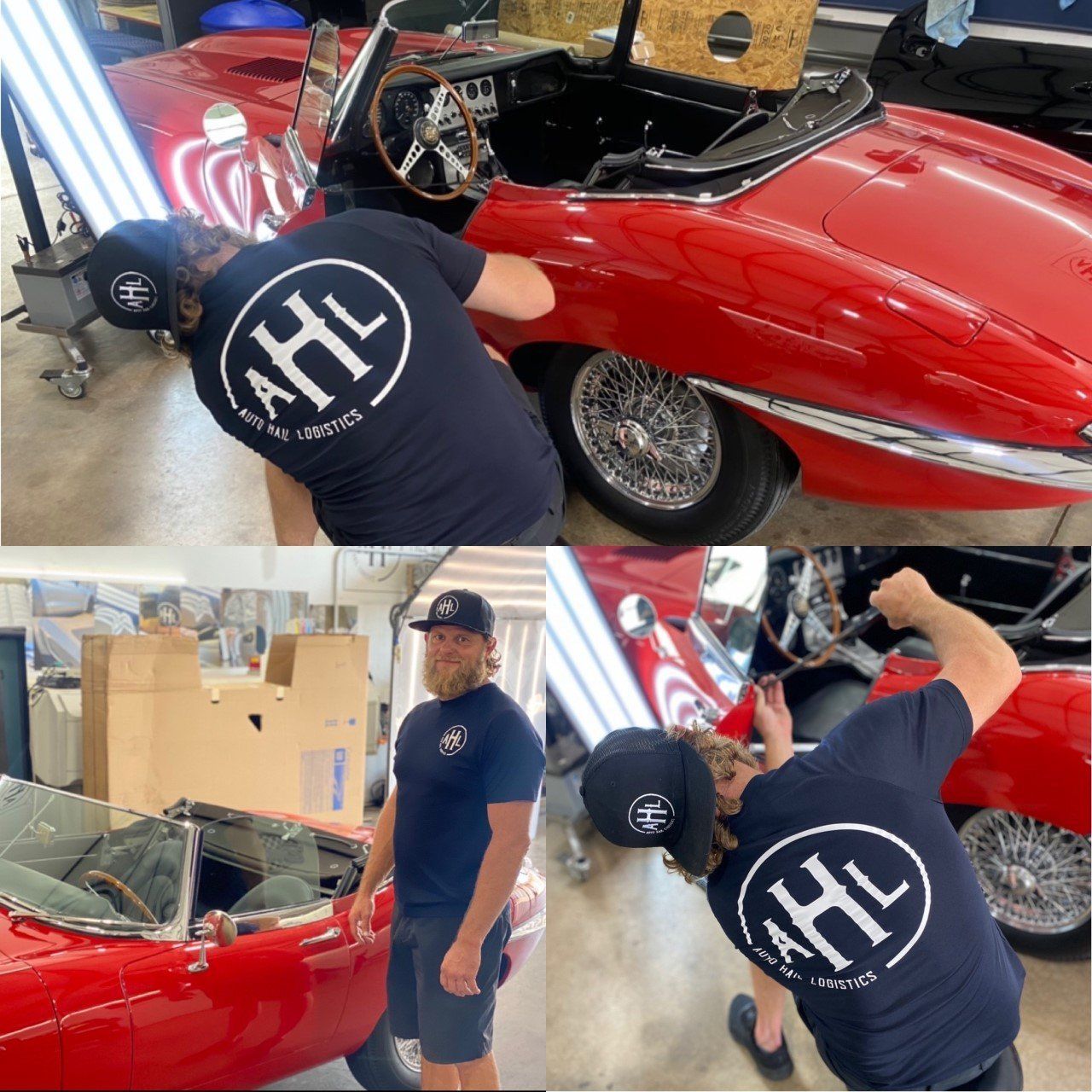 Four images: man working on a red Jaguar. He wears a hat and shirt with 