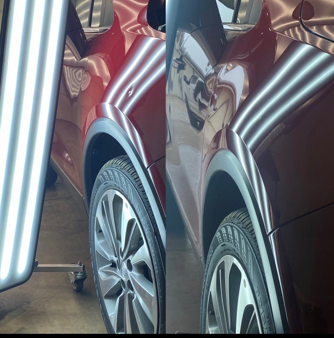 Red car dent repair with specialized lighting, showing before and after close-up views of a fender.