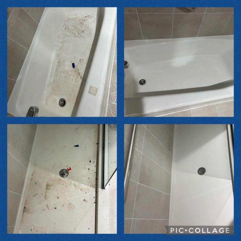 Four images showing a dirty bathtub being cleaned; before and after views of the tub, shower, and floor.