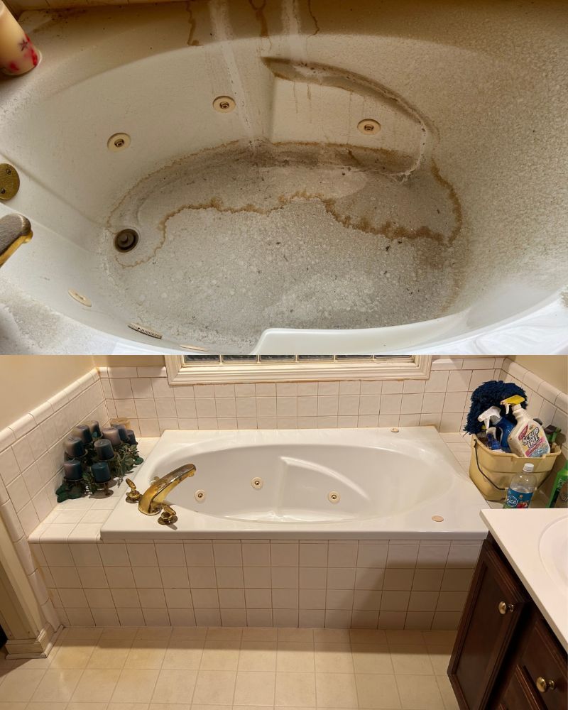 Before and after photos of a jacuzzi tub. The first is dirty, the second is clean in a tiled room.